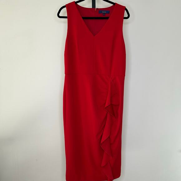 Rachel Roy Red Dress-XL- Pencil w/ Ruffle, sleeveless, v neck, zippered, stretch - Picture 3 of 7
